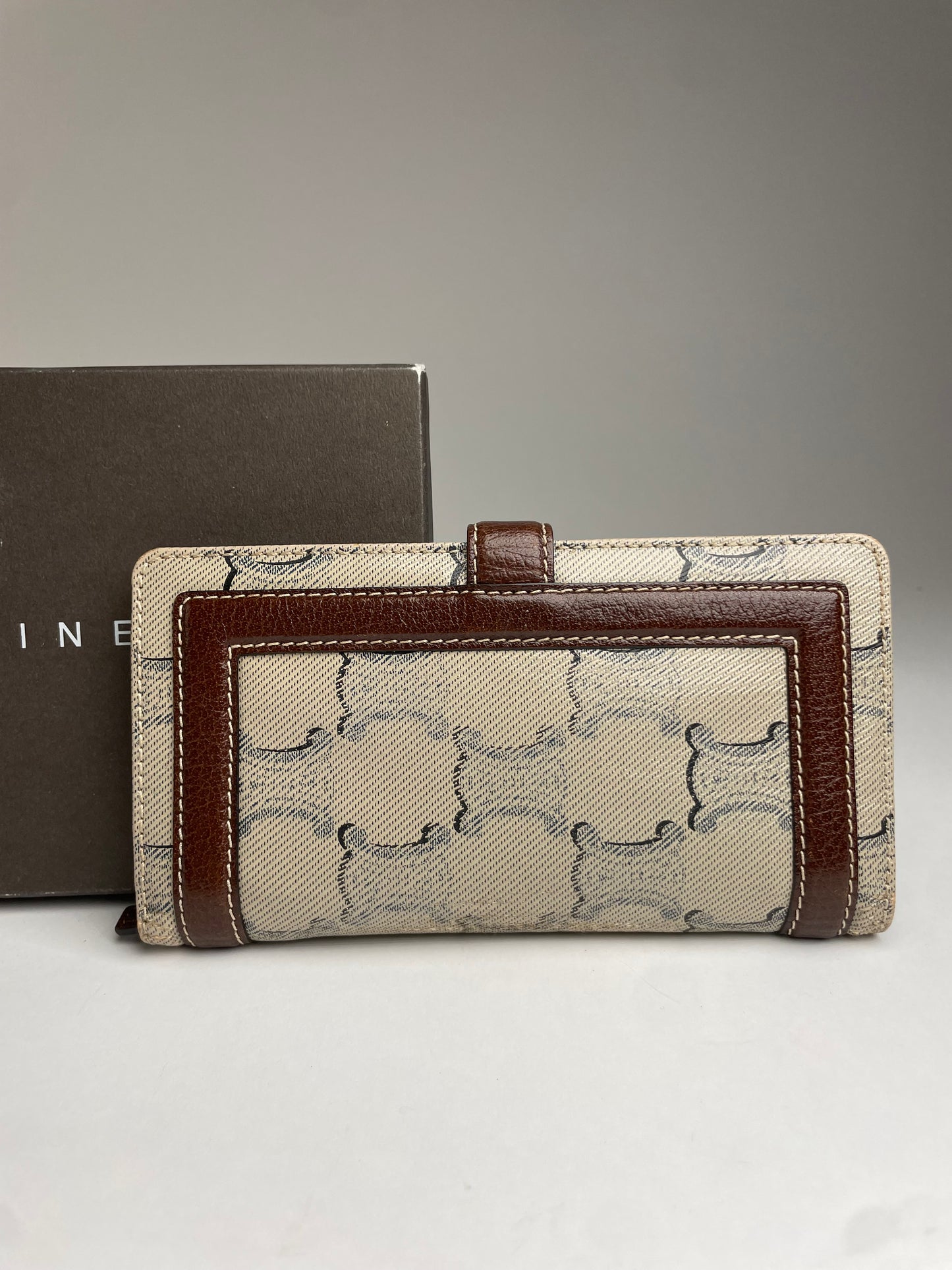 Vintage Celine Paris Triomphe Monogram Leather Wallet White Brown