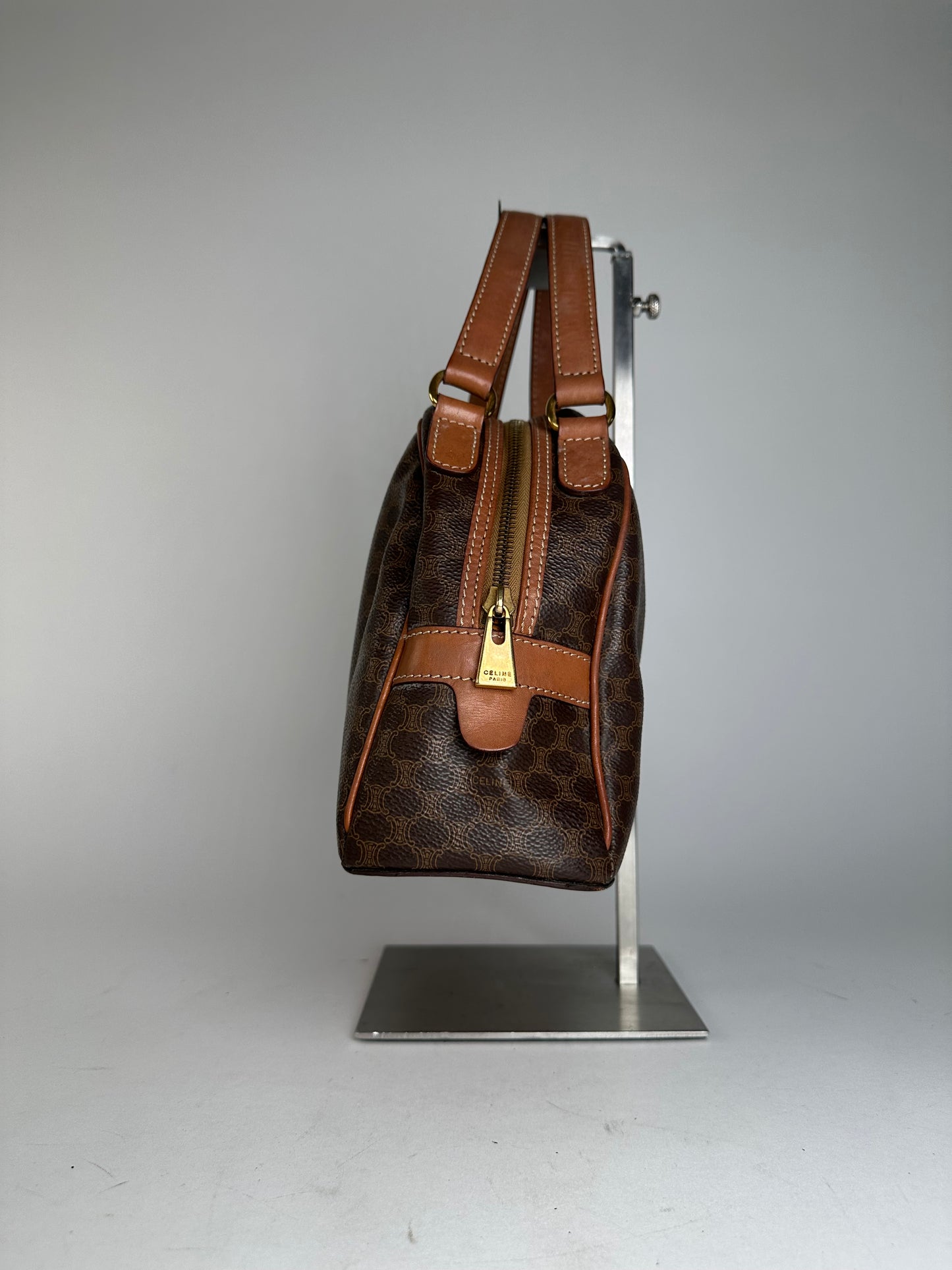 Vintage Celine Paris Triomphe Monogram Leather Handbag Brown