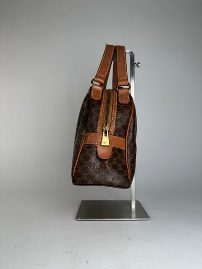 Vintage Celine Paris Triomphe Monogram Leather Handbag Brown