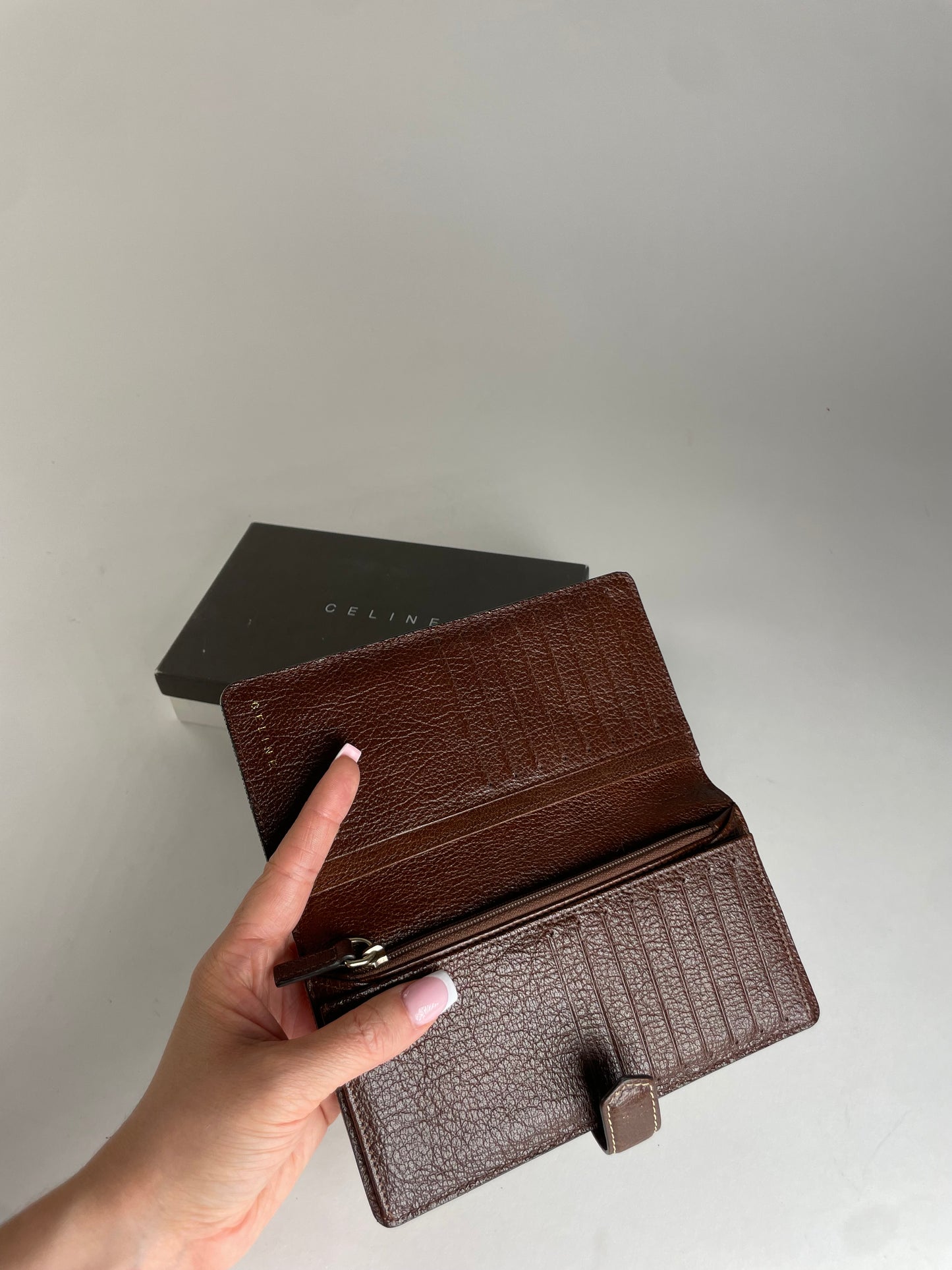 Vintage Celine Paris Triomphe Monogram Leather Wallet White Brown