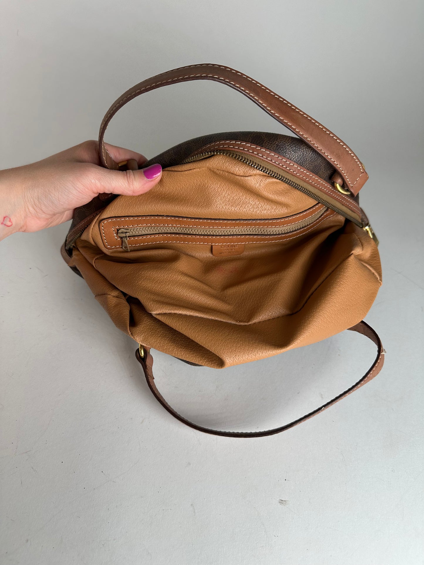 Vintage Celine Paris Triomphe Monogram Leather Handbag Brown