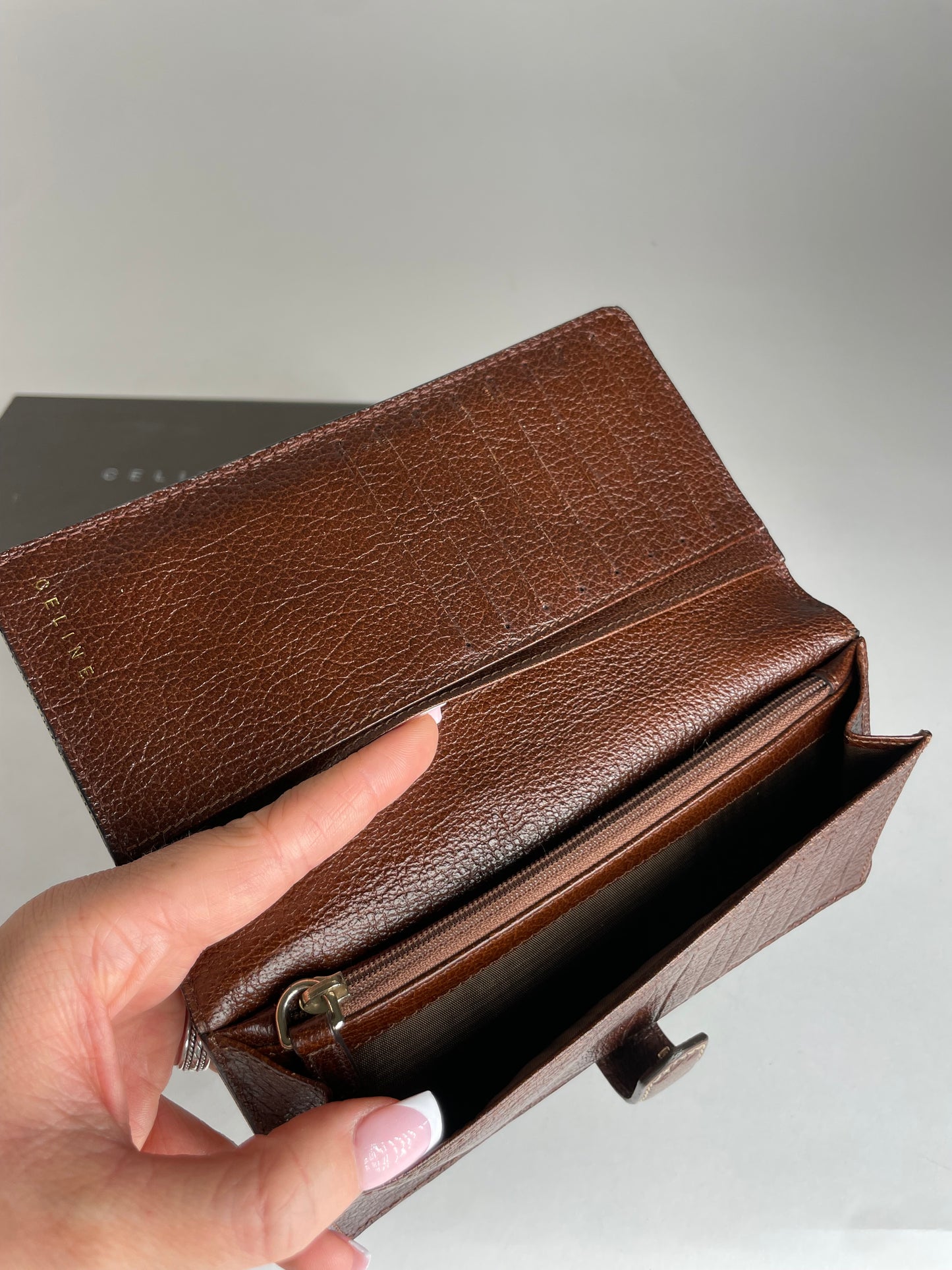 Vintage Celine Paris Triomphe Monogram Leather Wallet White Brown