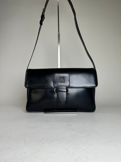 Vintage Loewe Structured Leather Shoulder Bag Black Gold