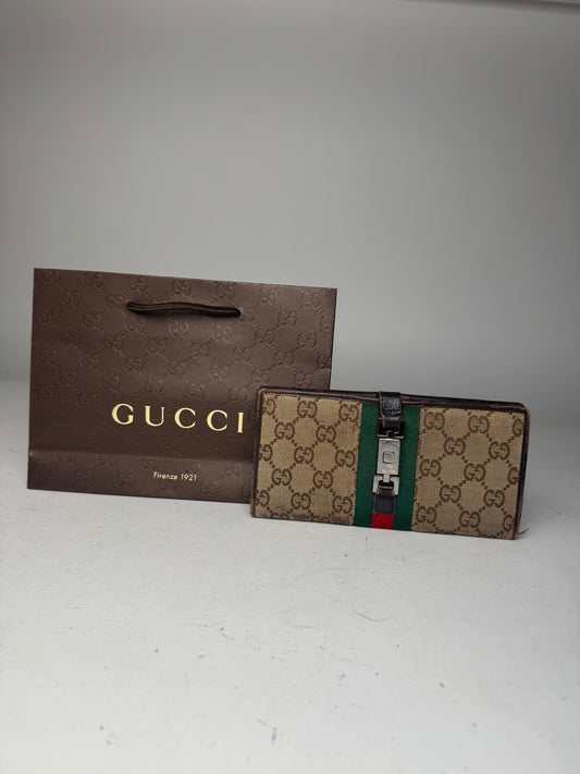 Vintage Gucci Jackie Monogram Leather Long Wallet Beige Brown