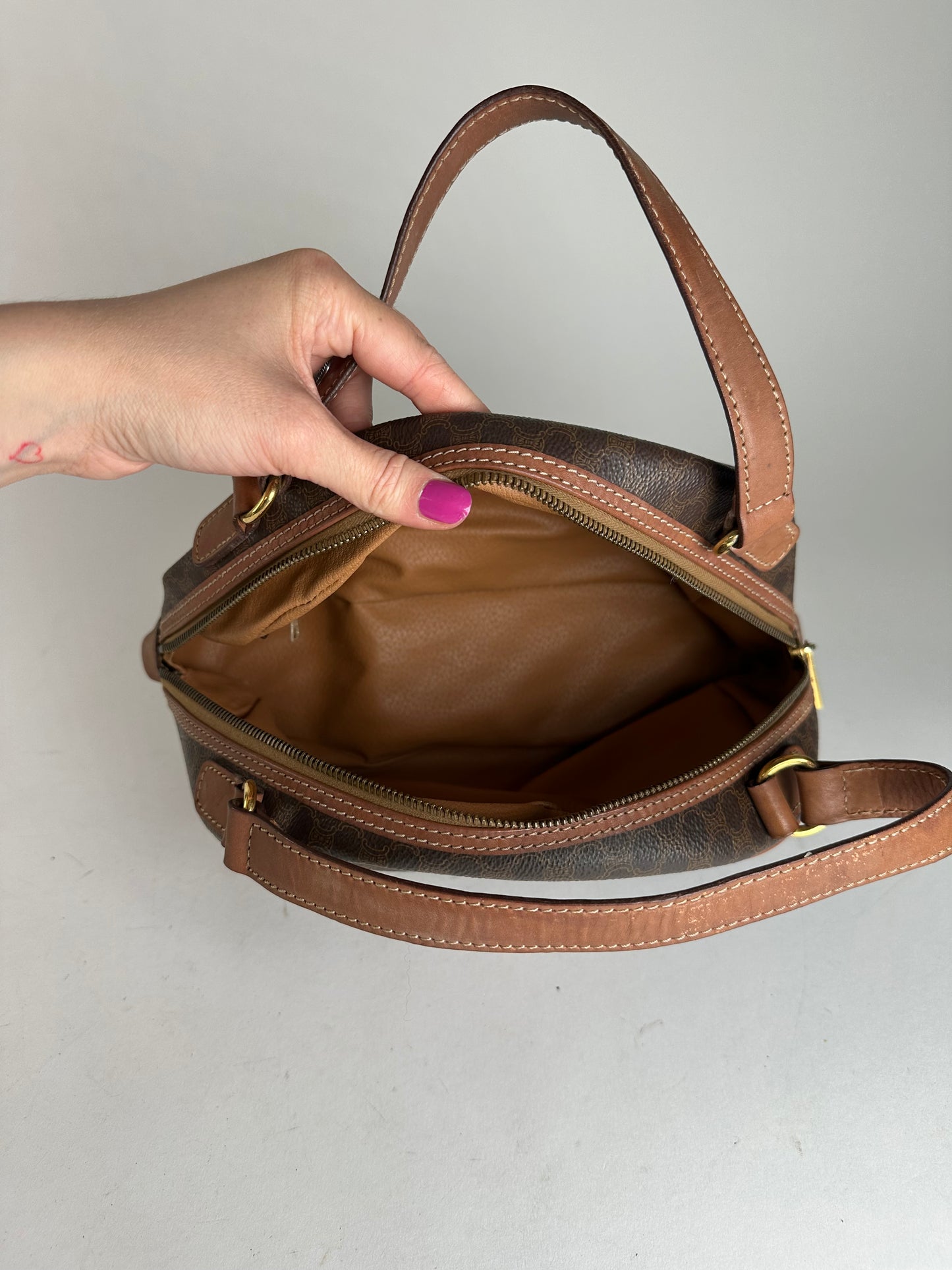 Vintage Celine Paris Triomphe Monogram Leather Handbag Brown