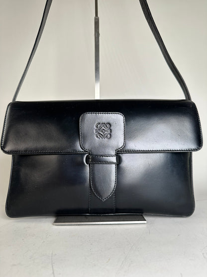 Vintage Loewe Structured Leather Shoulder Bag Black Gold