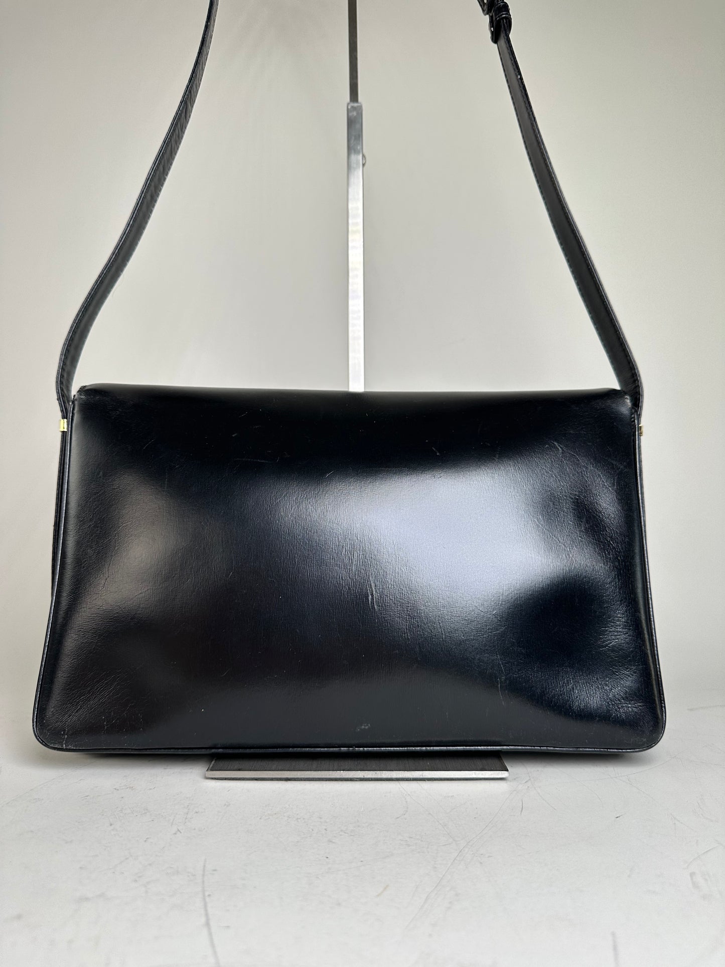 Vintage Loewe Structured Leather Shoulder Bag Black Gold
