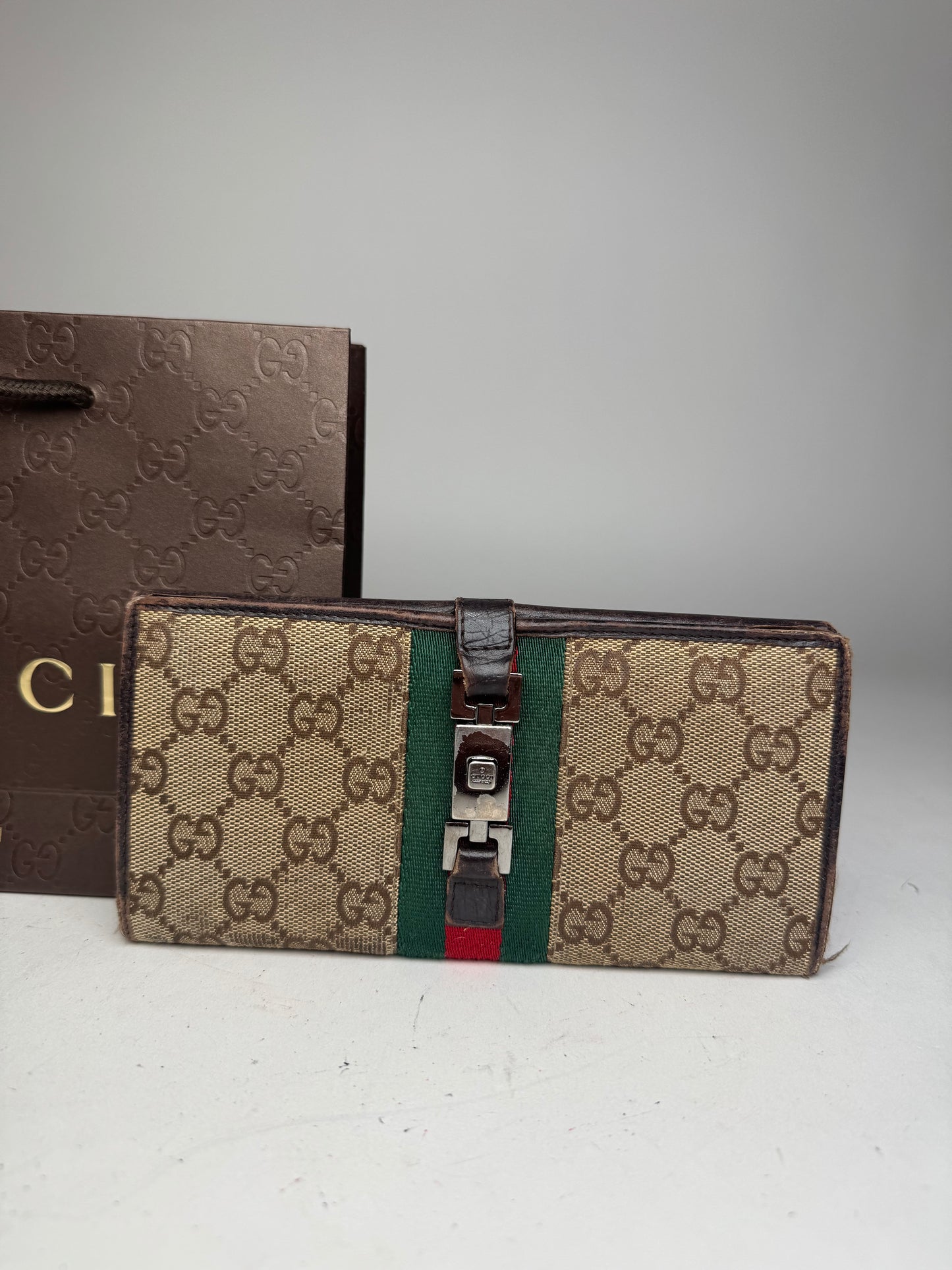 Vintage Gucci Jackie Monogram Leather Long Wallet Beige Brown