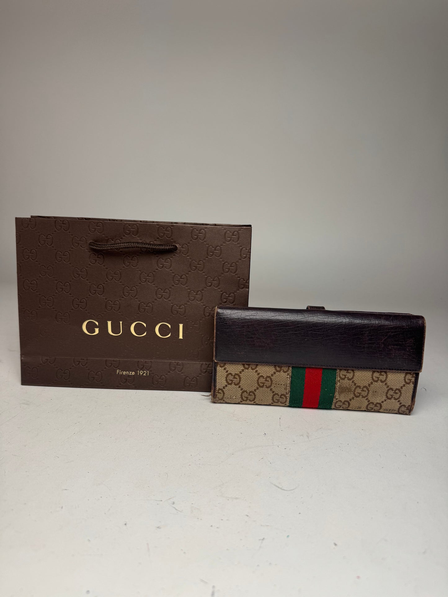 Vintage Gucci Jackie Monogram Leather Long Wallet Beige Brown