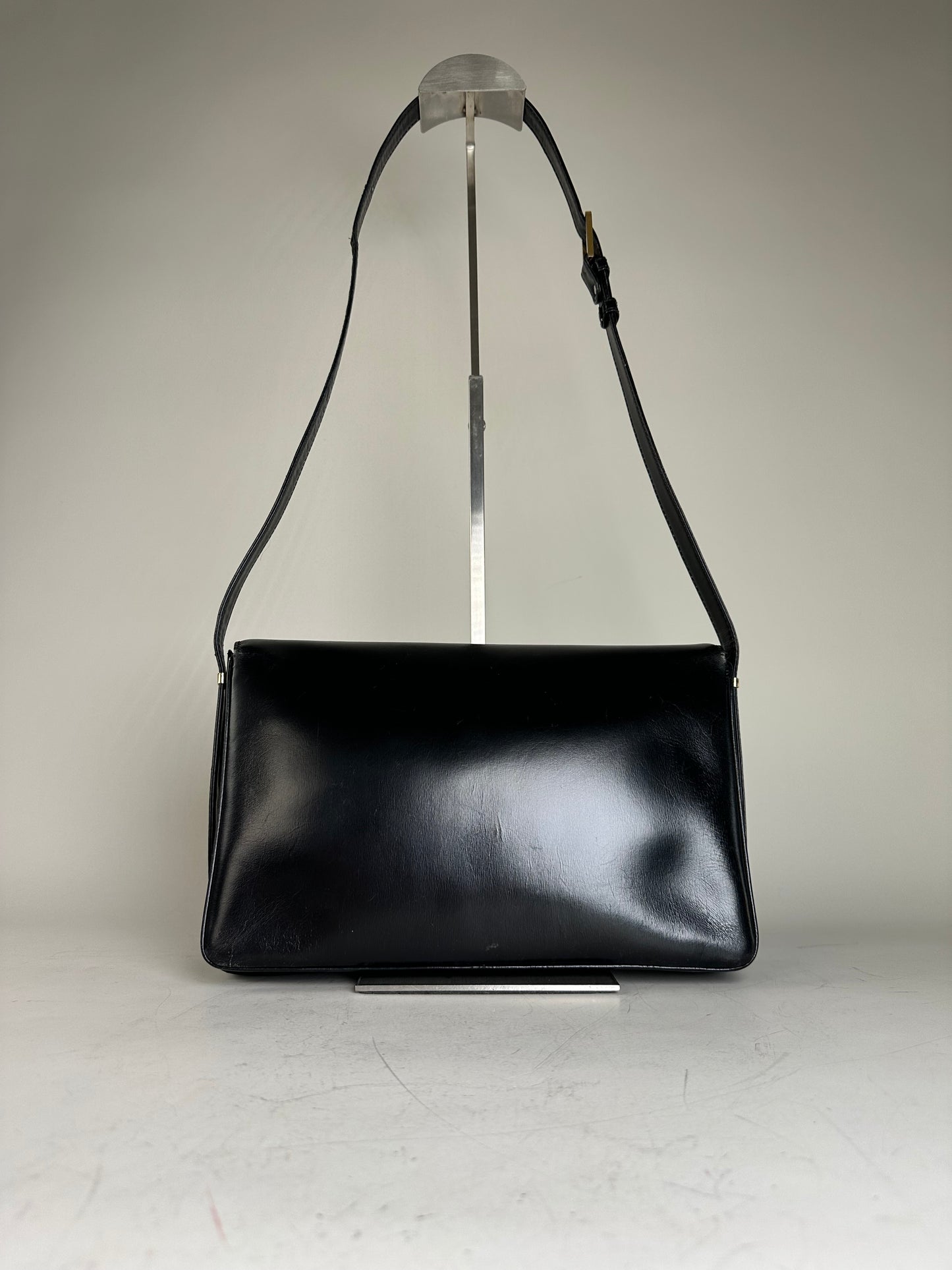 Vintage Loewe Structured Leather Shoulder Bag Black Gold