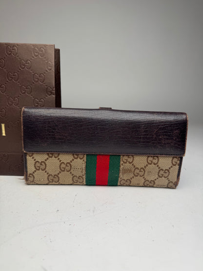 Vintage Gucci Jackie Monogram Leather Long Wallet Beige Brown
