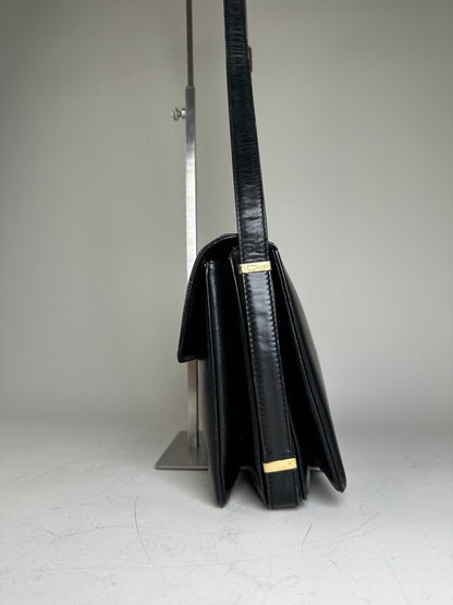 Vintage Loewe Structured Leather Shoulder Bag Black Gold