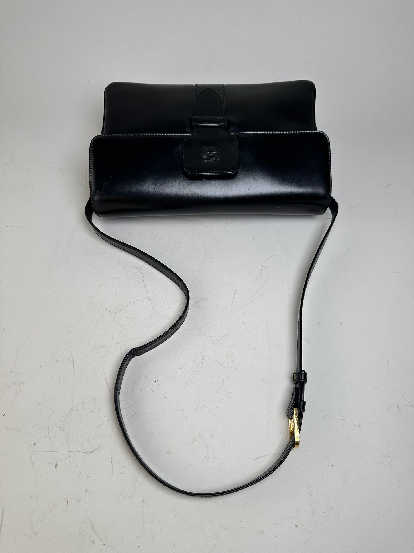 Vintage Loewe Structured Leather Shoulder Bag Black Gold
