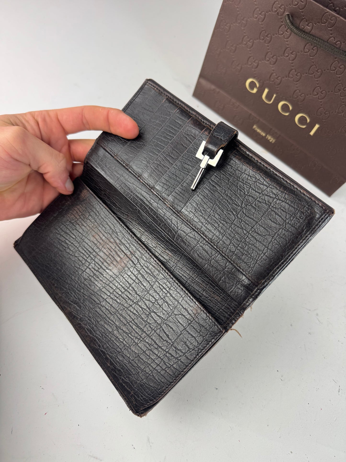 Vintage Gucci Jackie Monogram Leather Long Wallet Beige Brown
