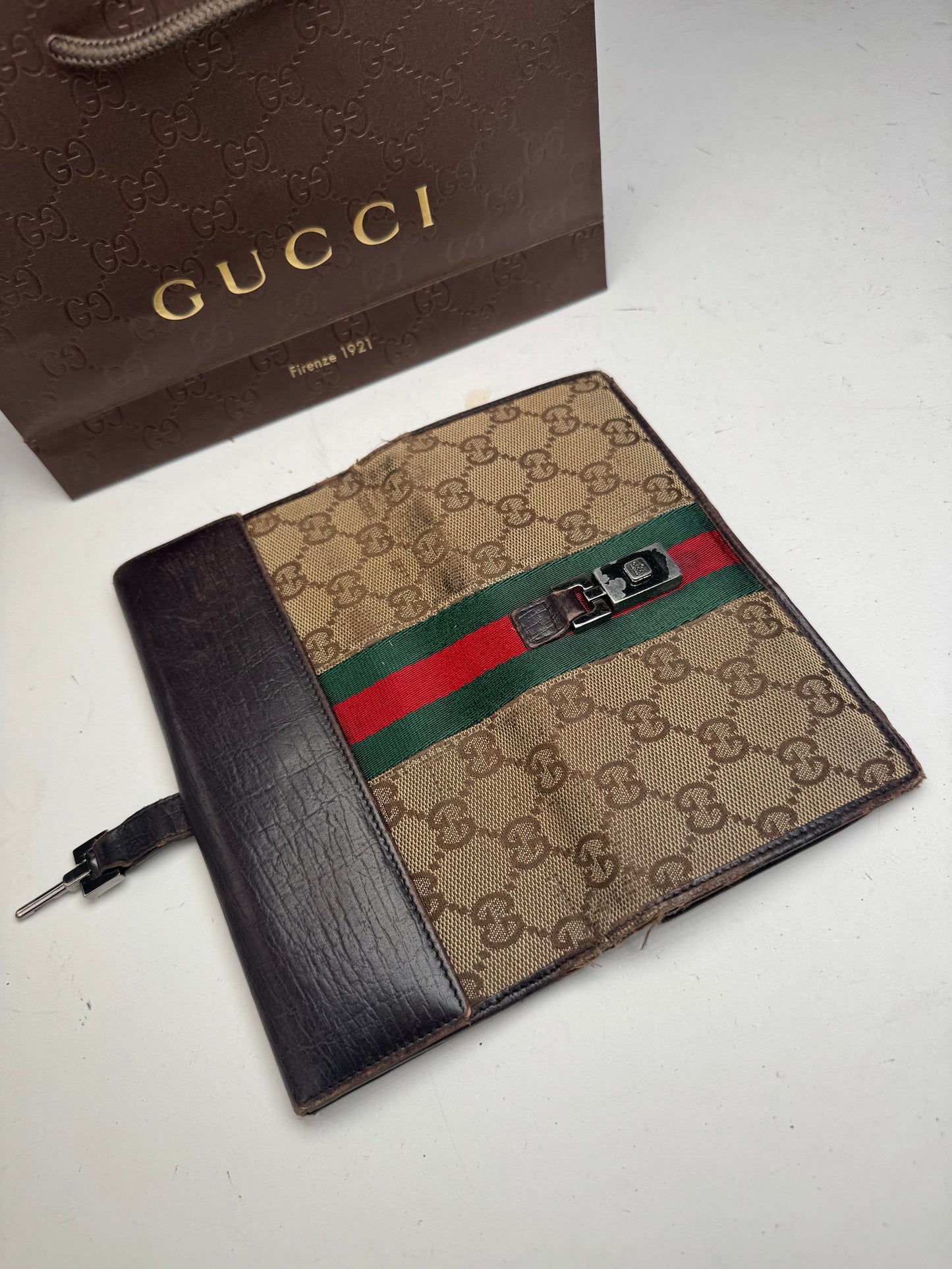 Vintage Gucci Jackie Monogram Leather Long Wallet Beige Brown