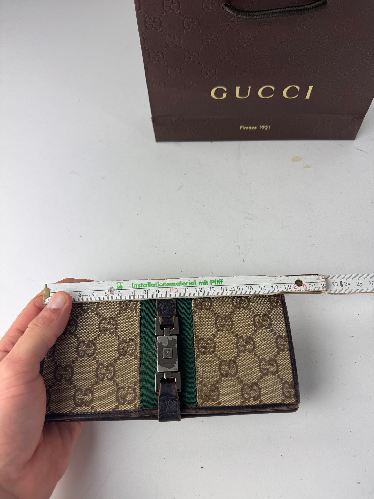 Vintage Gucci Jackie Monogram Leather Long Wallet Beige Brown