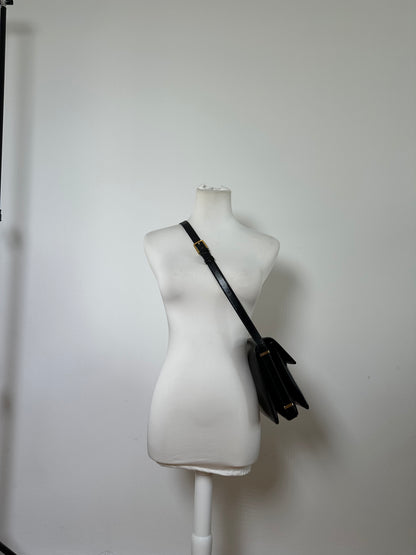 Vintage Loewe Structured Leather Shoulder Bag Black Gold