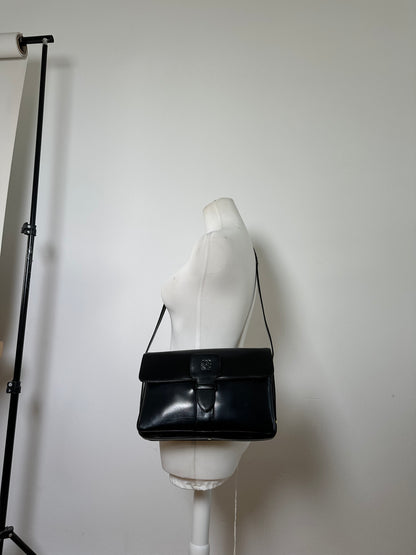 Vintage Loewe Structured Leather Shoulder Bag Black Gold
