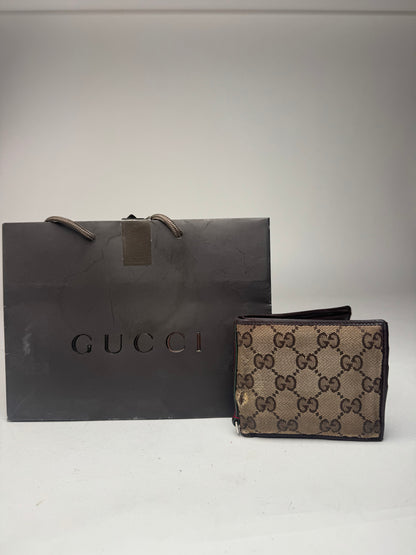 Vintage Gucci Monogram Flapable Leather Wallet beige brown