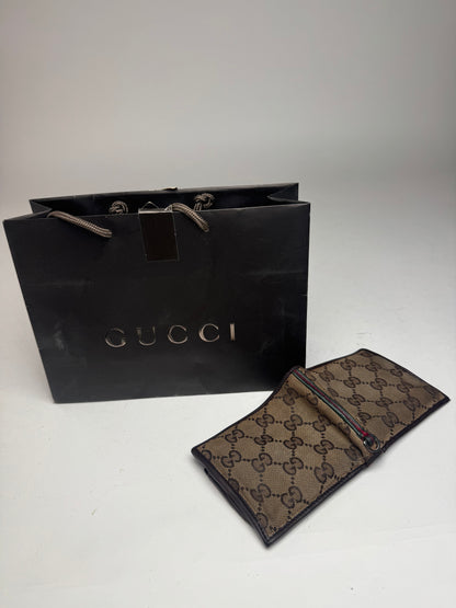 Vintage Gucci Monogram Flapable Leather Wallet beige brown