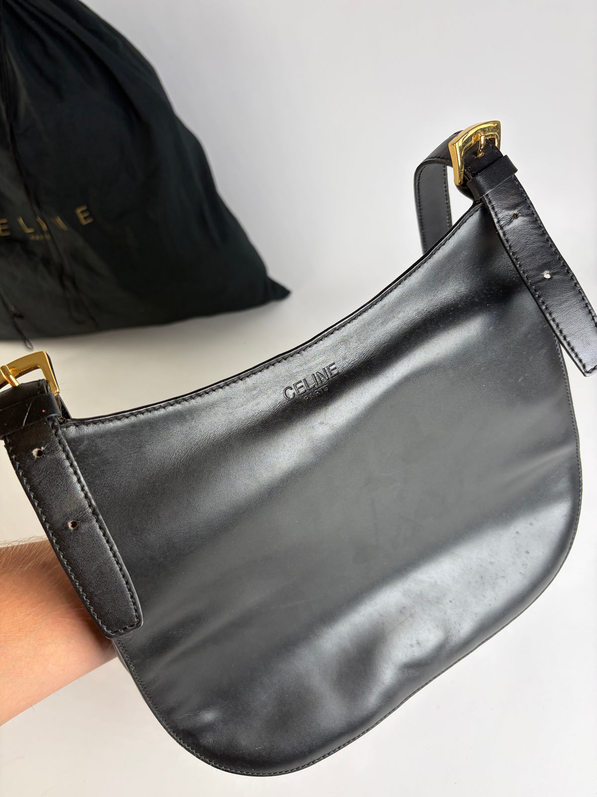 Vintage Celine Flap Crossbody Bag c. 1995 Black Gold