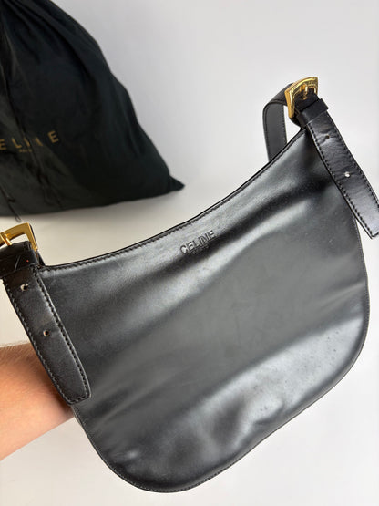 Vintage Celine Flap Crossbody Bag c. 1995 Black Gold