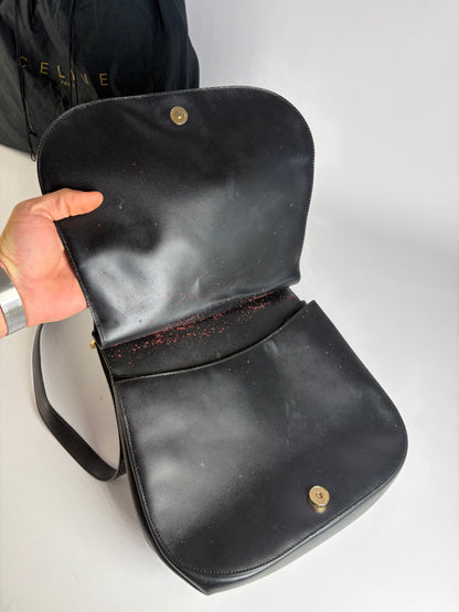 Vintage Celine Flap Crossbody Bag c. 1995 Black Gold