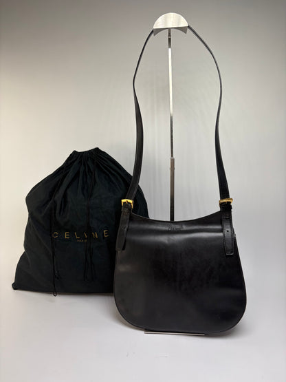 Vintage Celine Flap Crossbody Bag c. 1995 Black Gold