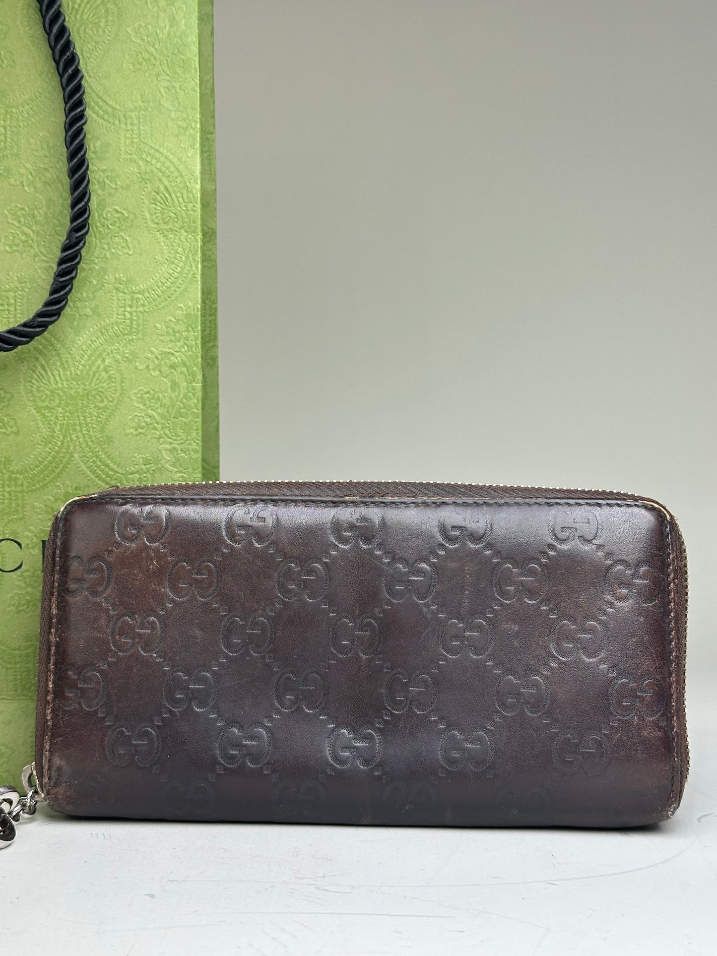 Vintage Gucci GG Embossed Leather Zip Wallet Brown