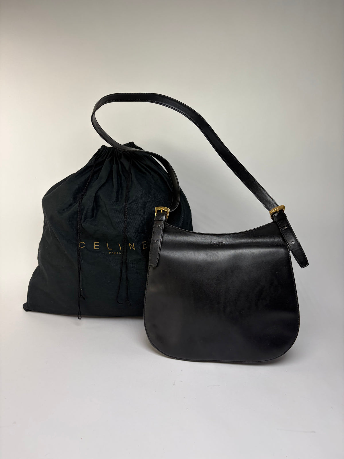 Vintage Celine Flap Crossbody Bag c. 1995 Black Gold