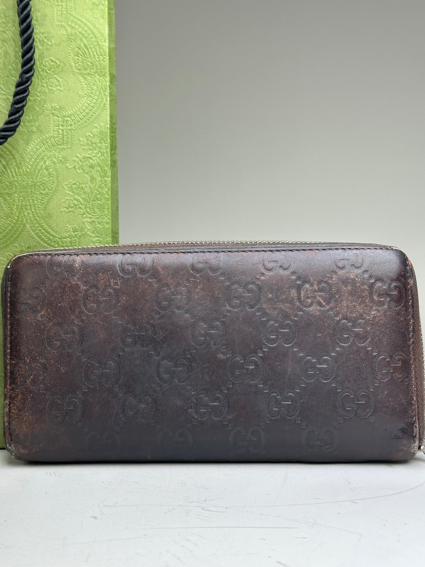 Vintage Gucci GG Embossed Leather Zip Wallet Brown