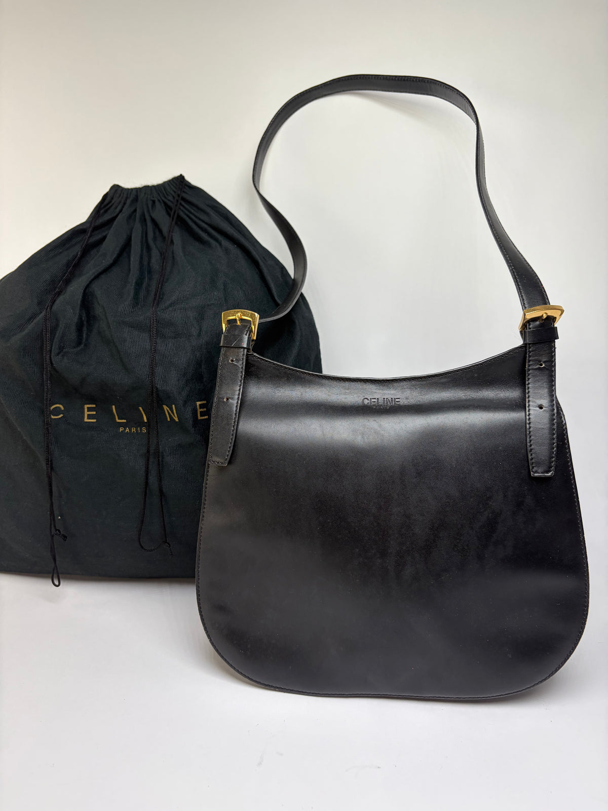 Vintage Celine Flap Crossbody Bag c. 1995 Black Gold