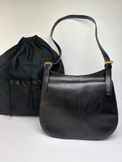 Vintage Celine Flap Crossbody Bag c. 1995 Black Gold
