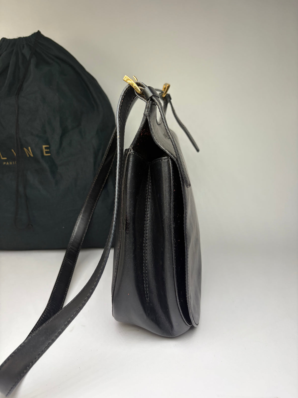 Vintage Celine Flap Crossbody Bag c. 1995 Black Gold