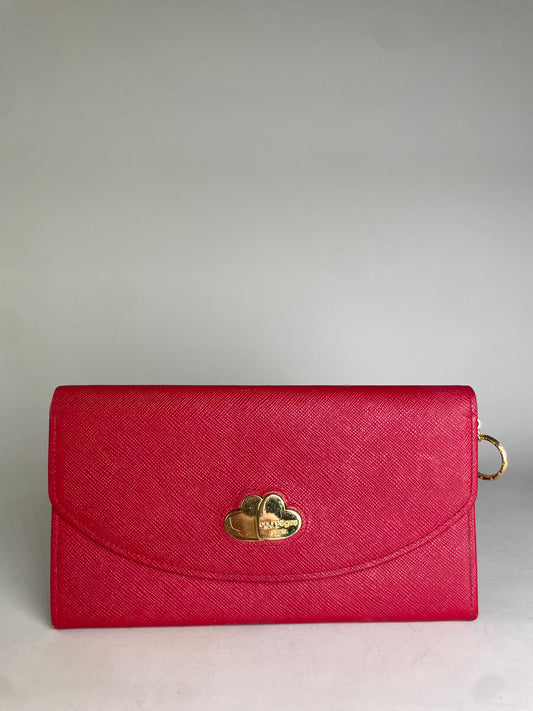 Vintage Courreges Saffiano Leather Clutch Wallet Bright Red