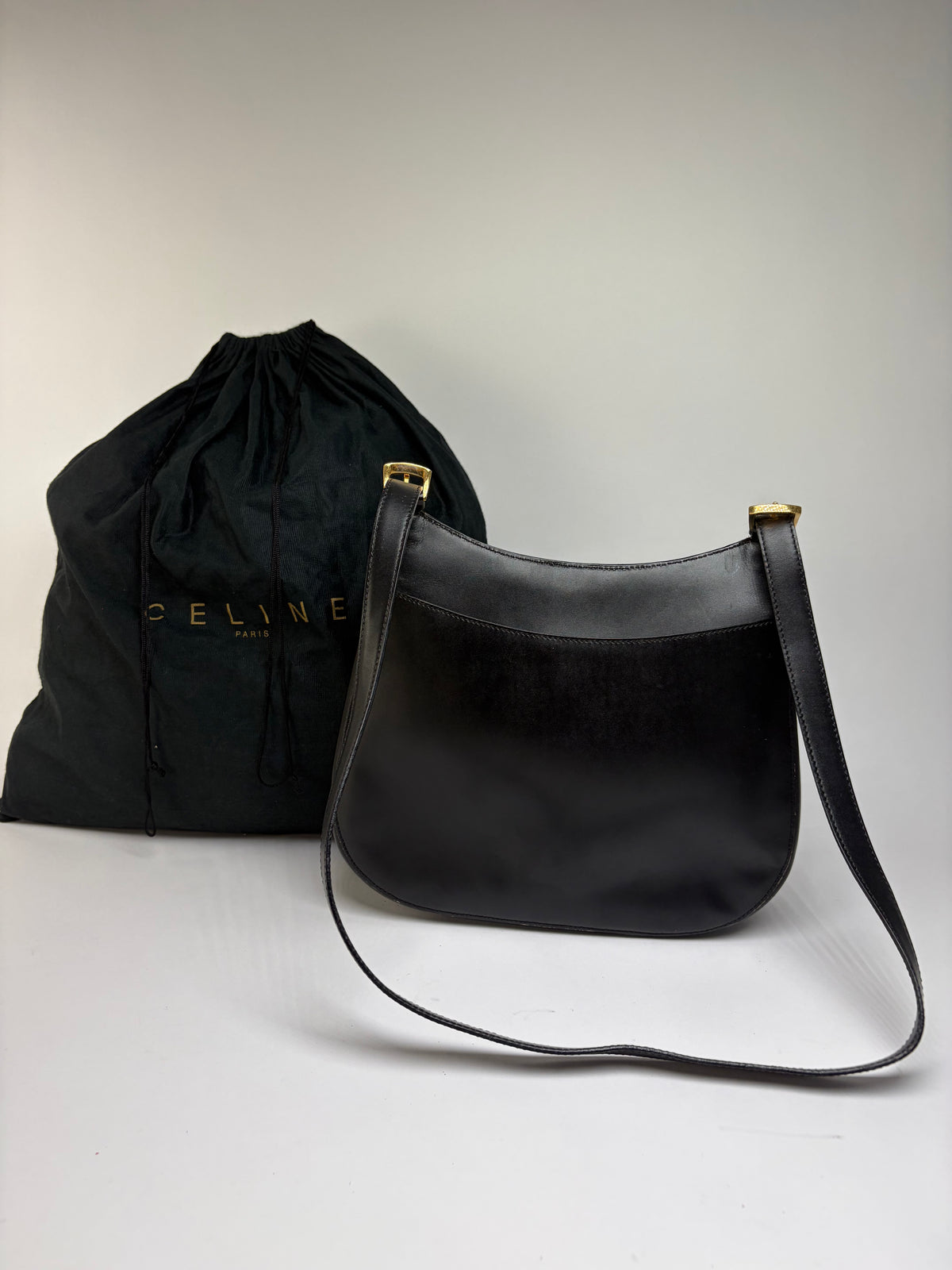 Vintage Celine Flap Crossbody Bag c. 1995 Black Gold
