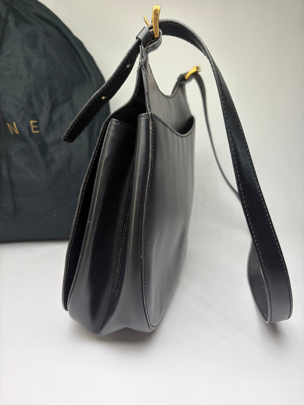 Vintage Celine Flap Crossbody Bag c. 1995 Black Gold
