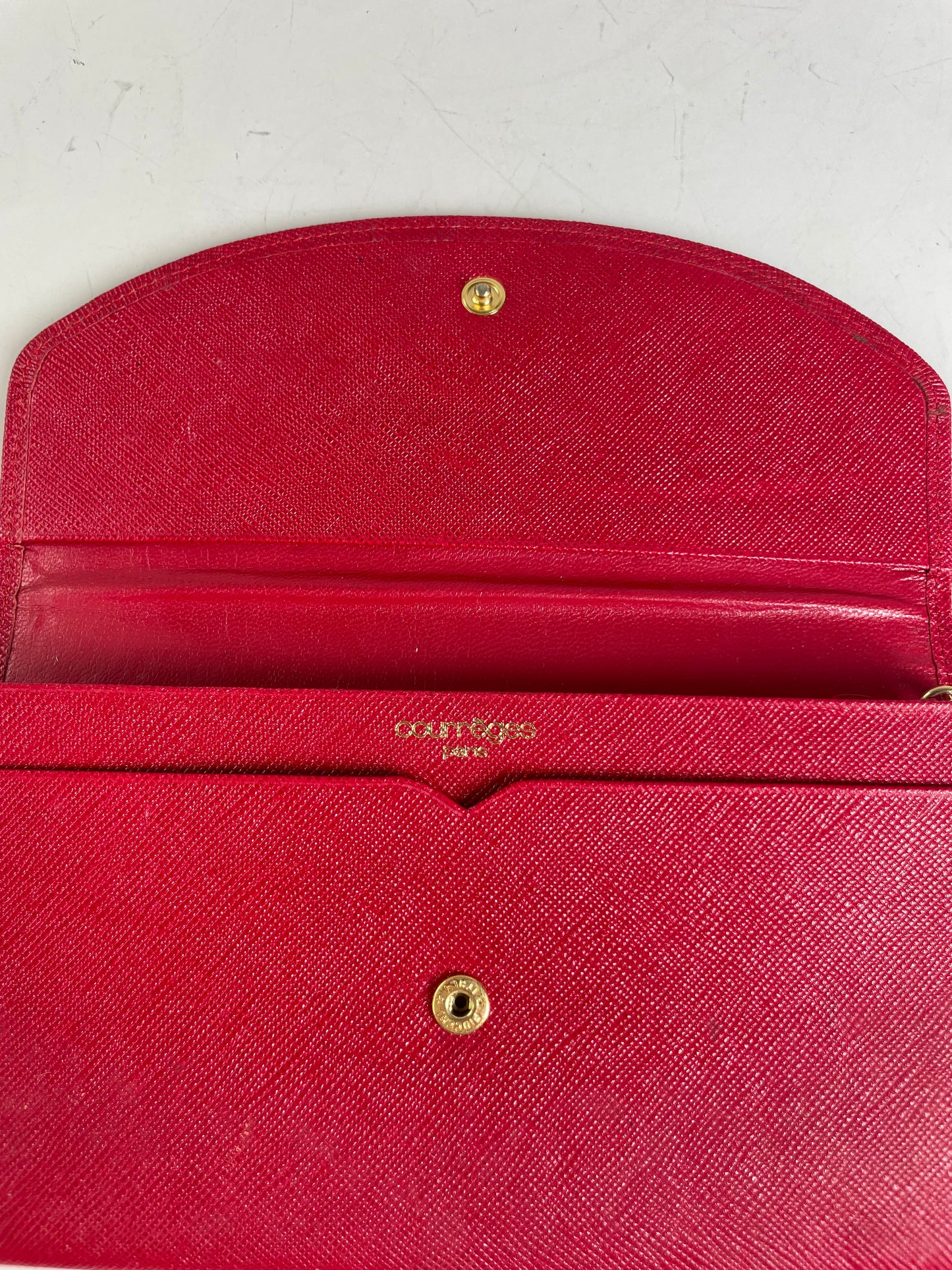 Vintage Courreges Saffiano Leather Clutch Wallet Bright Red