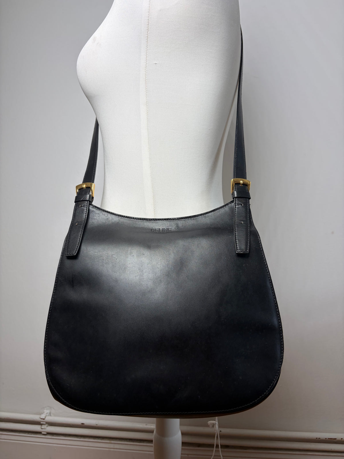 Vintage Celine Flap Crossbody Bag c. 1995 Black Gold