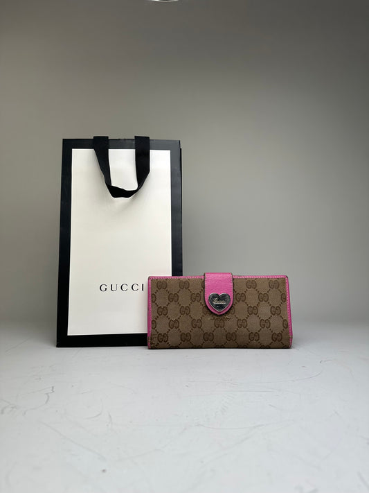 Vintage Gucci GG Supreme Canvas Wallet Pink Brown Silver
