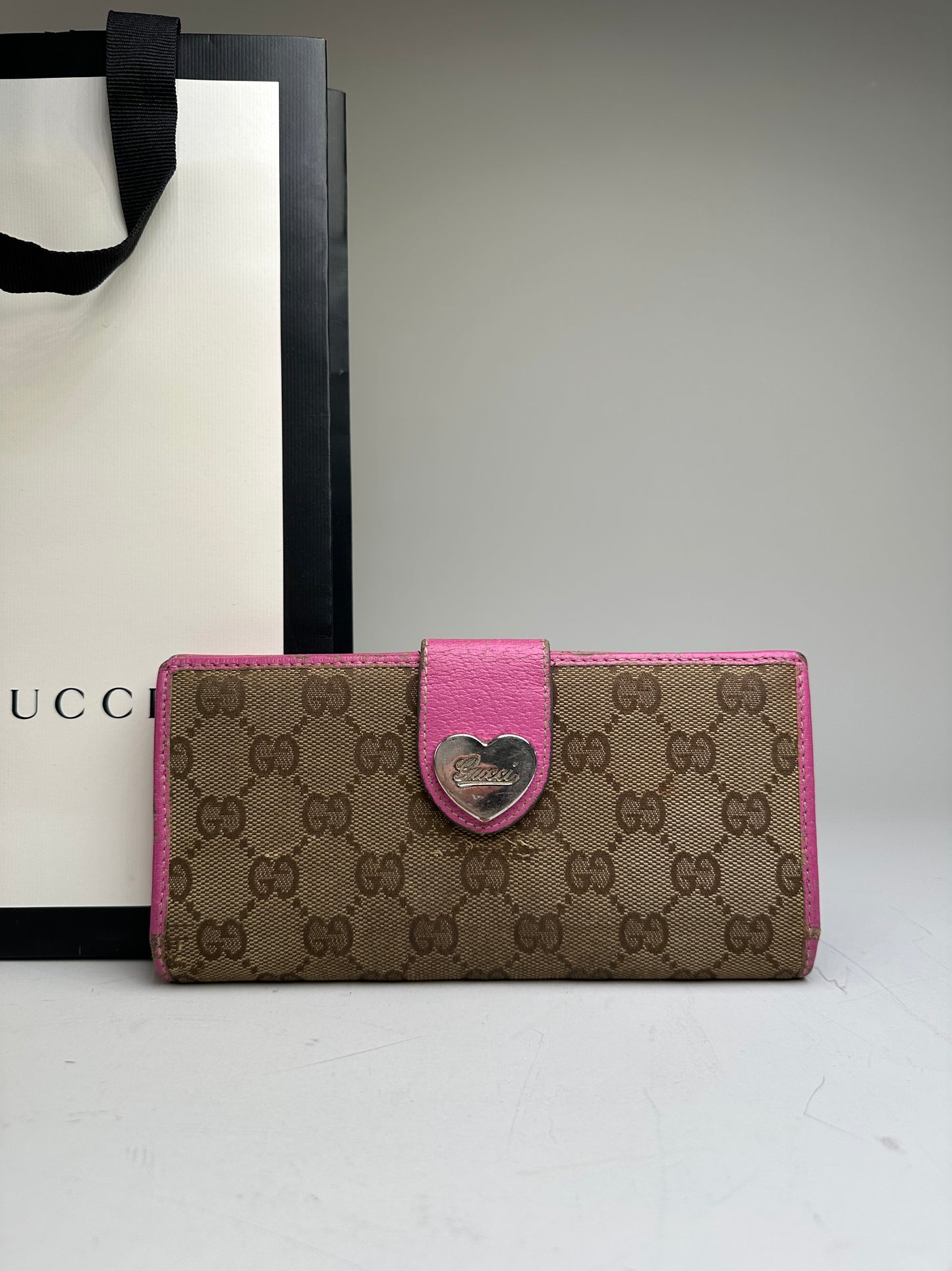 Vintage Gucci GG Supreme Canvas Wallet Pink Brown Silver