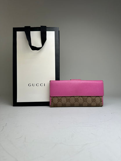 Vintage Gucci GG Supreme Canvas Wallet Pink Brown Silver