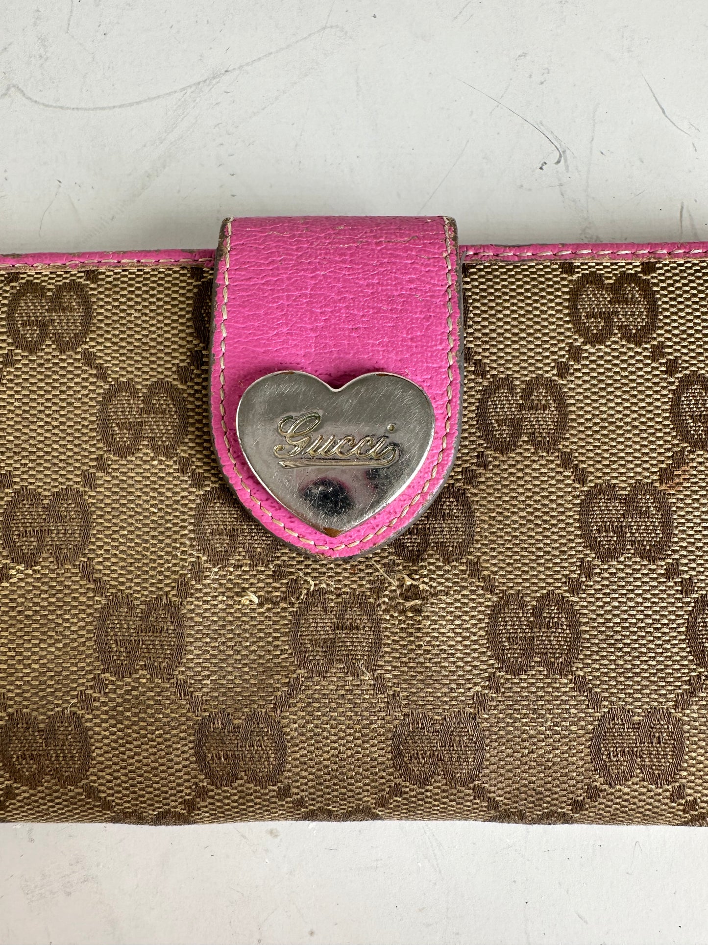 Vintage Gucci GG Supreme Canvas Wallet Pink Brown Silver