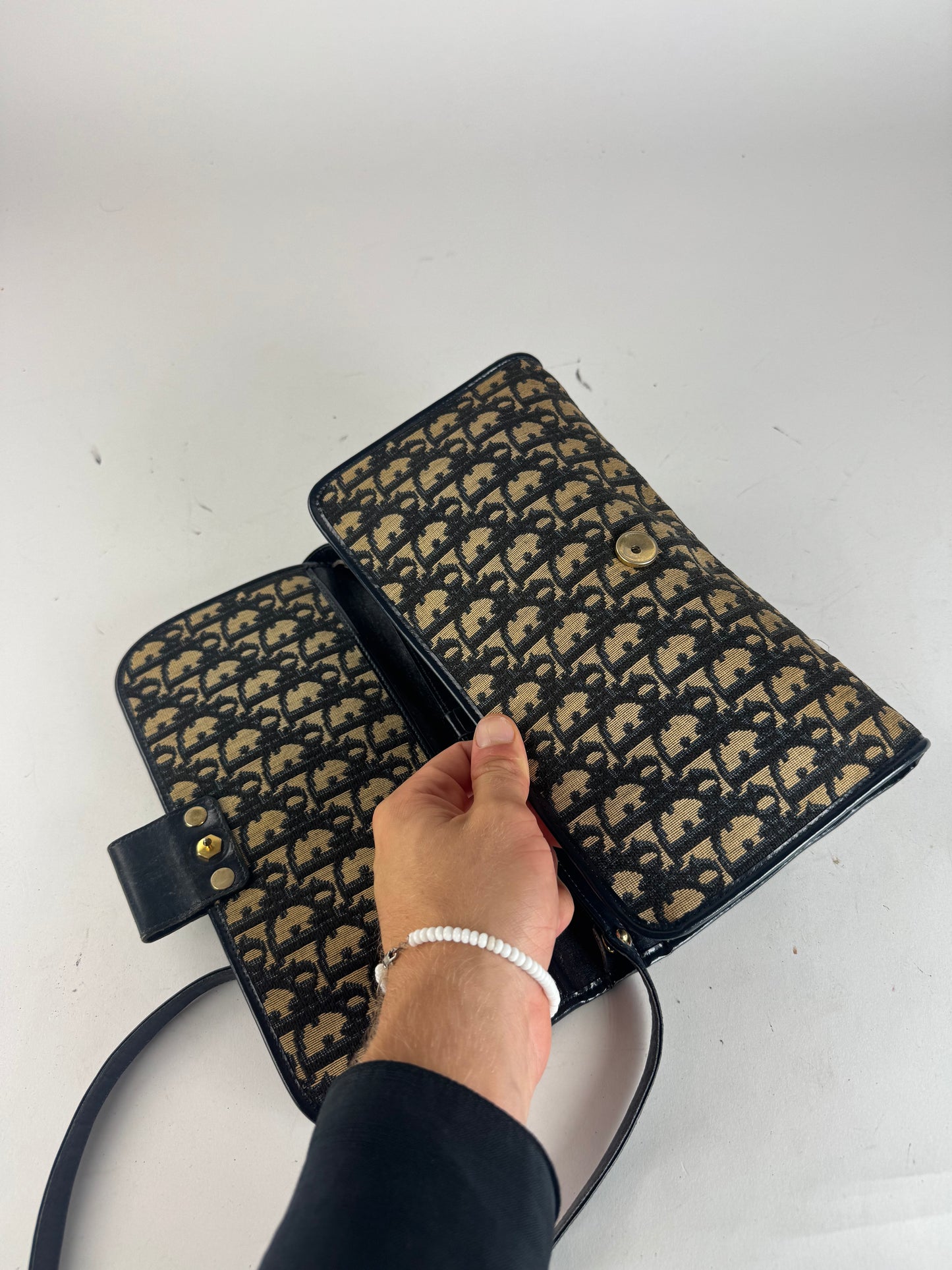 Vintage Dior Oblique Monogram Leather shoulder bag navy beige