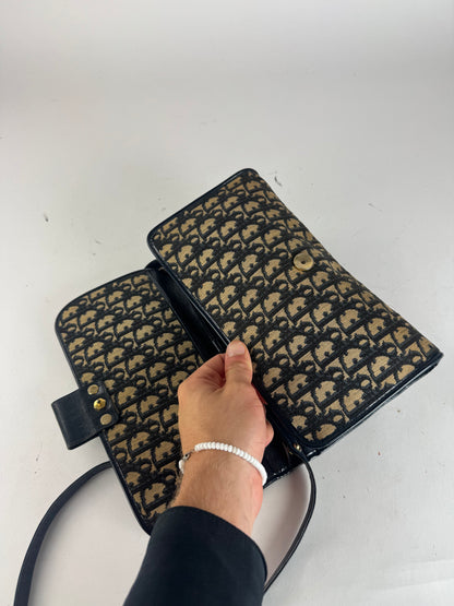 Vintage Dior Oblique Monogram Leather shoulder bag navy beige