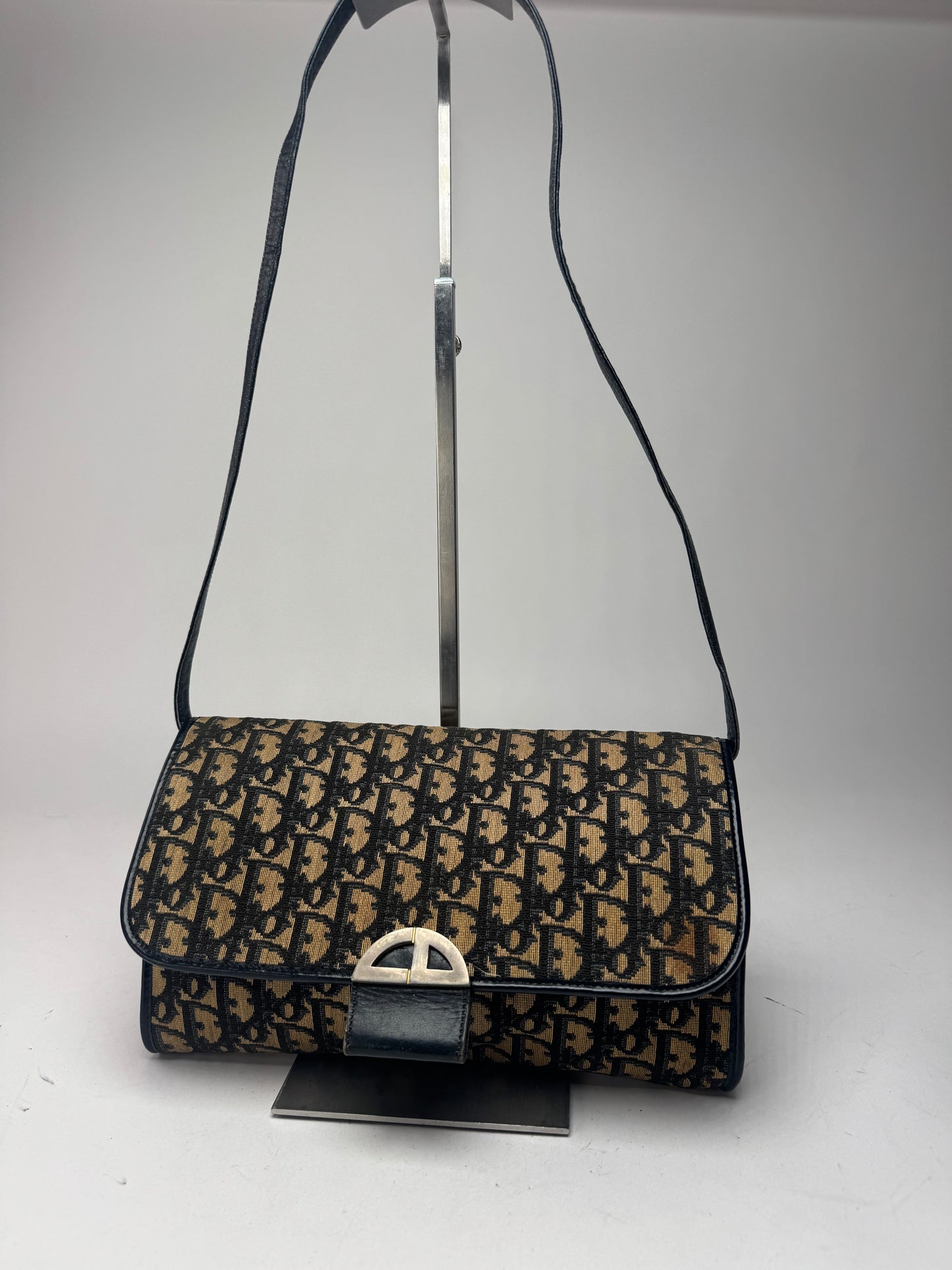 Vintage Dior Oblique Monogram Leather shoulder bag navy beige