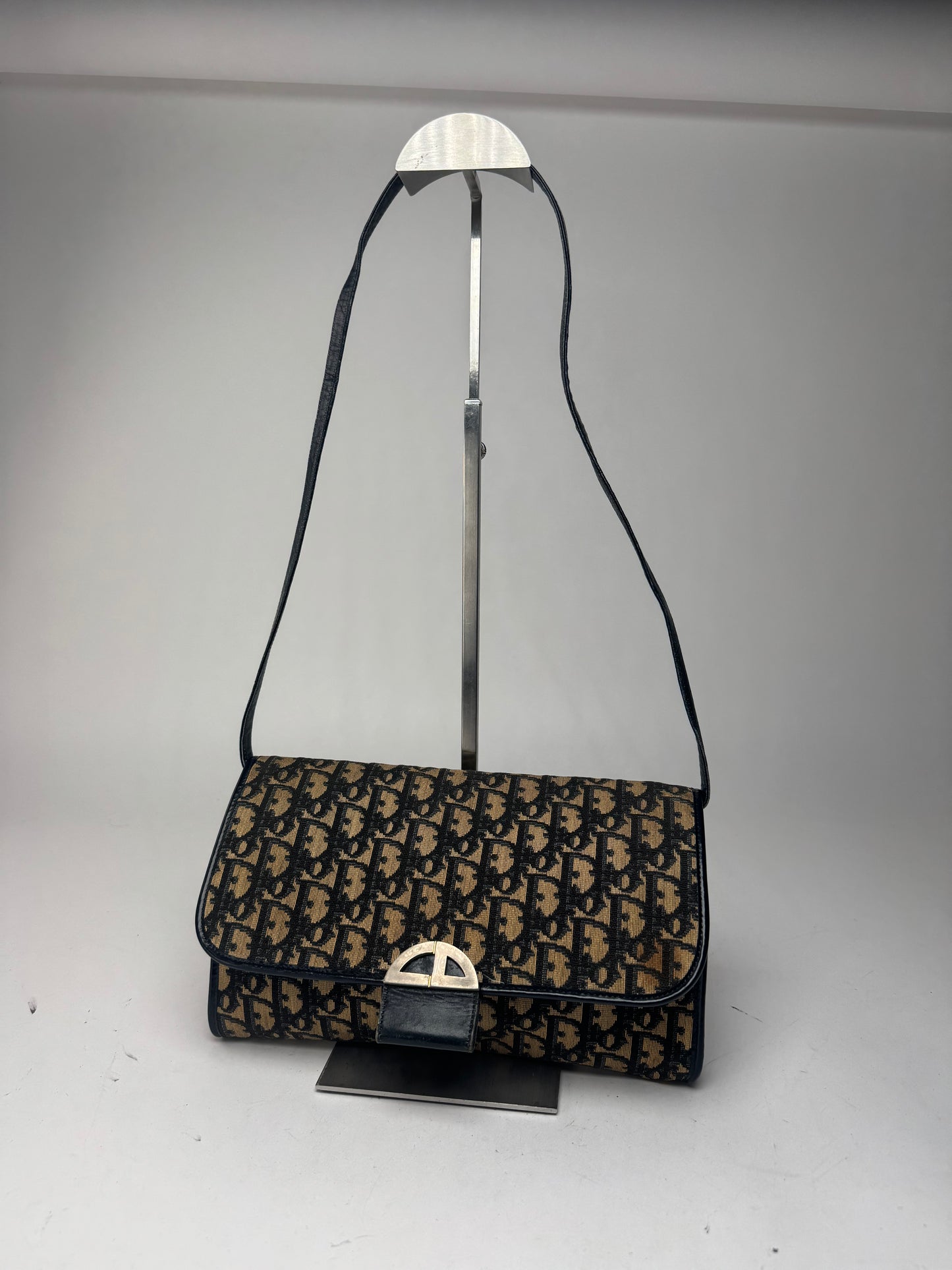 Vintage Dior Oblique Monogram Leather shoulder bag navy beige