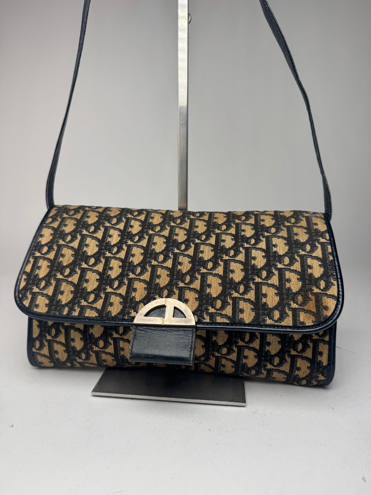 Vintage Dior Oblique Monogram Leather shoulder bag navy beige