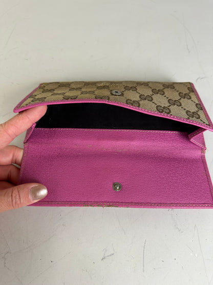 Vintage Gucci GG Supreme Canvas Wallet Pink Brown Silver