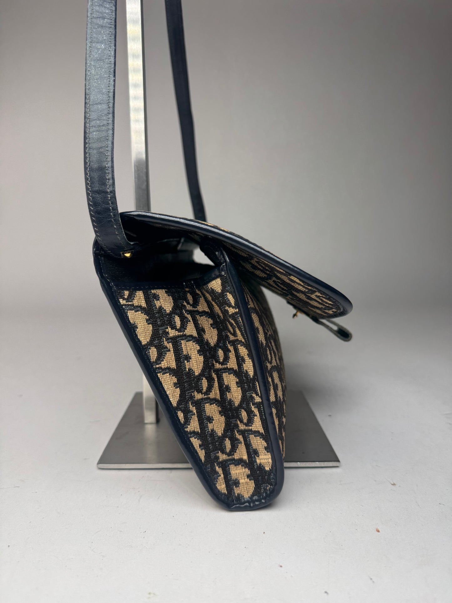 Vintage Dior Oblique Monogram Leather shoulder bag navy beige